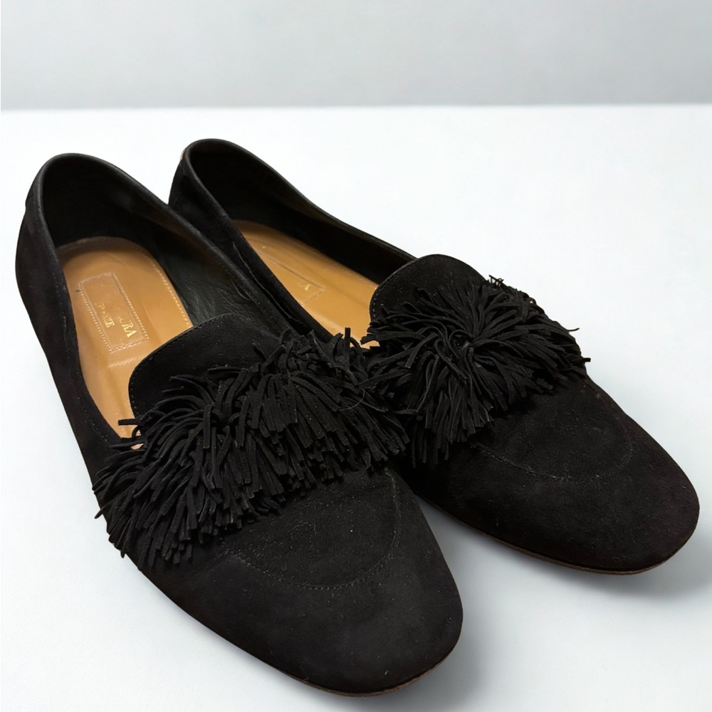 Aquazzura Women's Black Suede Fringe Loafer Flats Slip-On Size 38.5